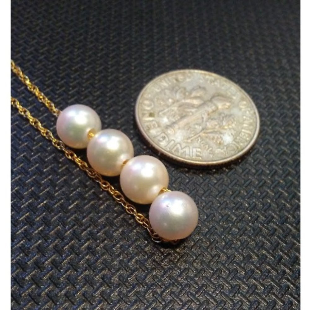 Solid 14K Yellow Gold Four Natural Round White Pearls Necklace 16"-19" - Picture 3 of 11